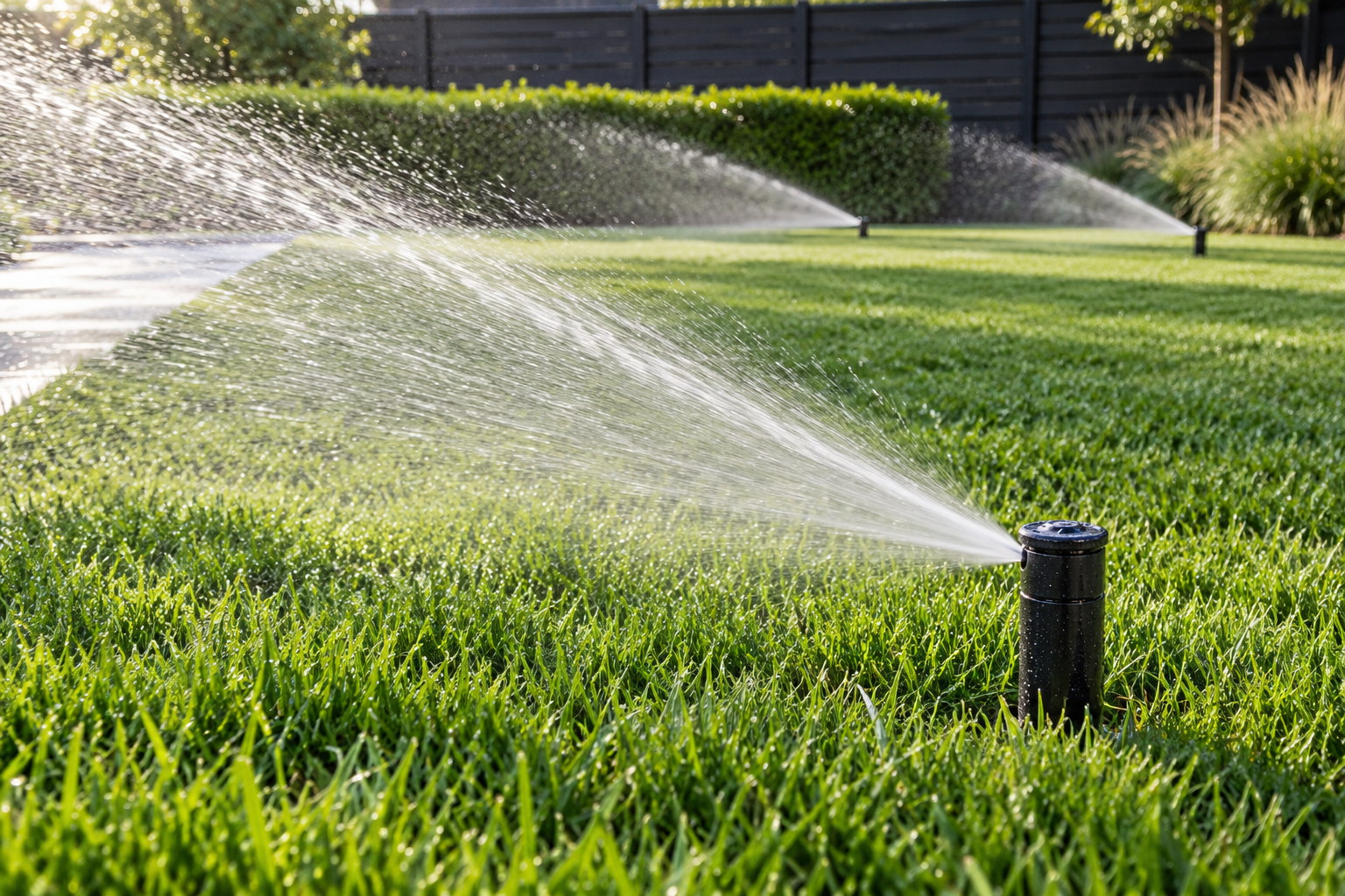 Automatischer Rasensprenger im Rasen, der Wasser in einem feinen Strahl über die Fläche verteilt, im Hintergrund eine Hecke und ein dunkler Zaun