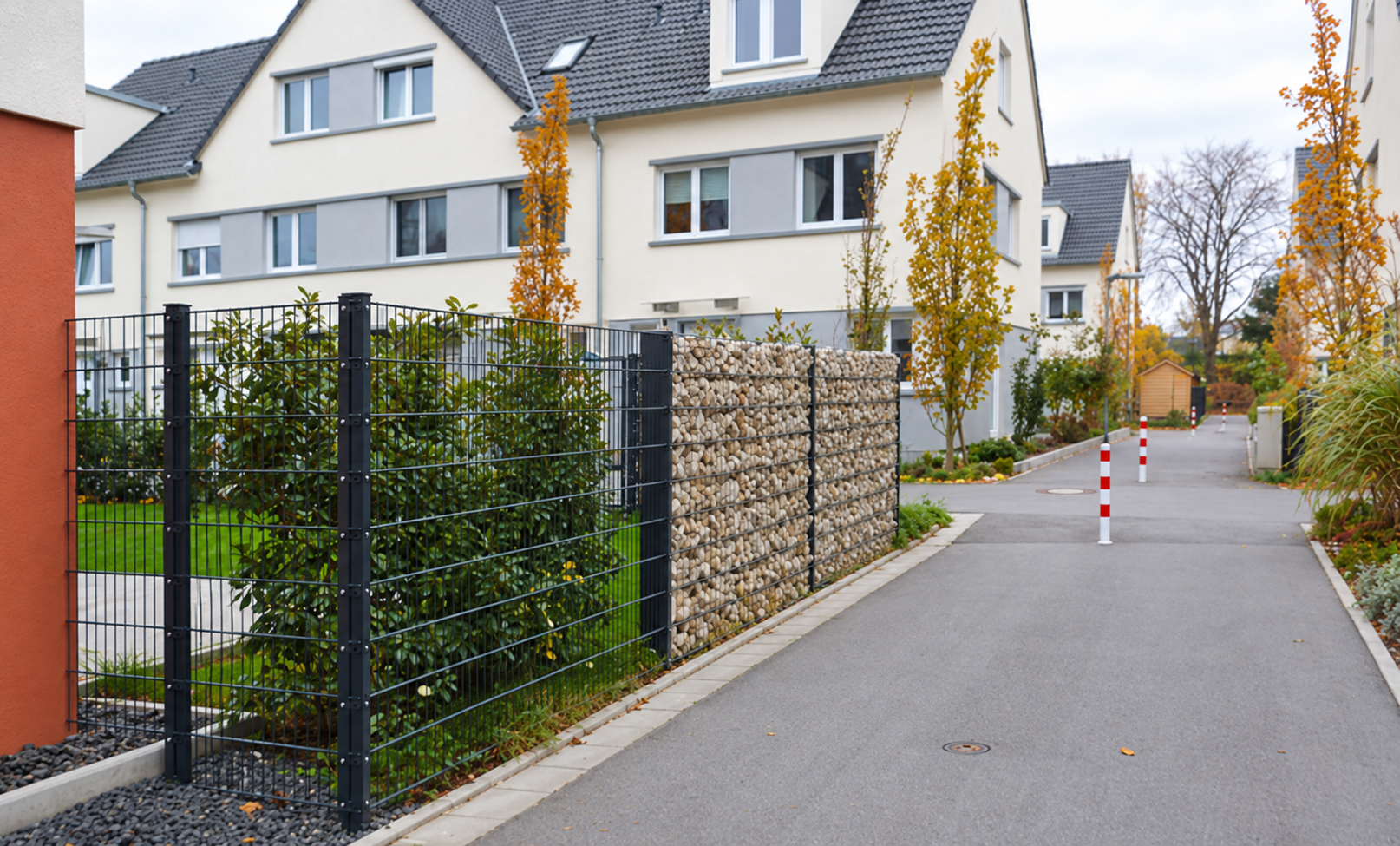 Gabionenwand aus hellen Steinen neben einem dunklen Stabgitterzaun mit Hecke an einer Wohnstraße im Herbst