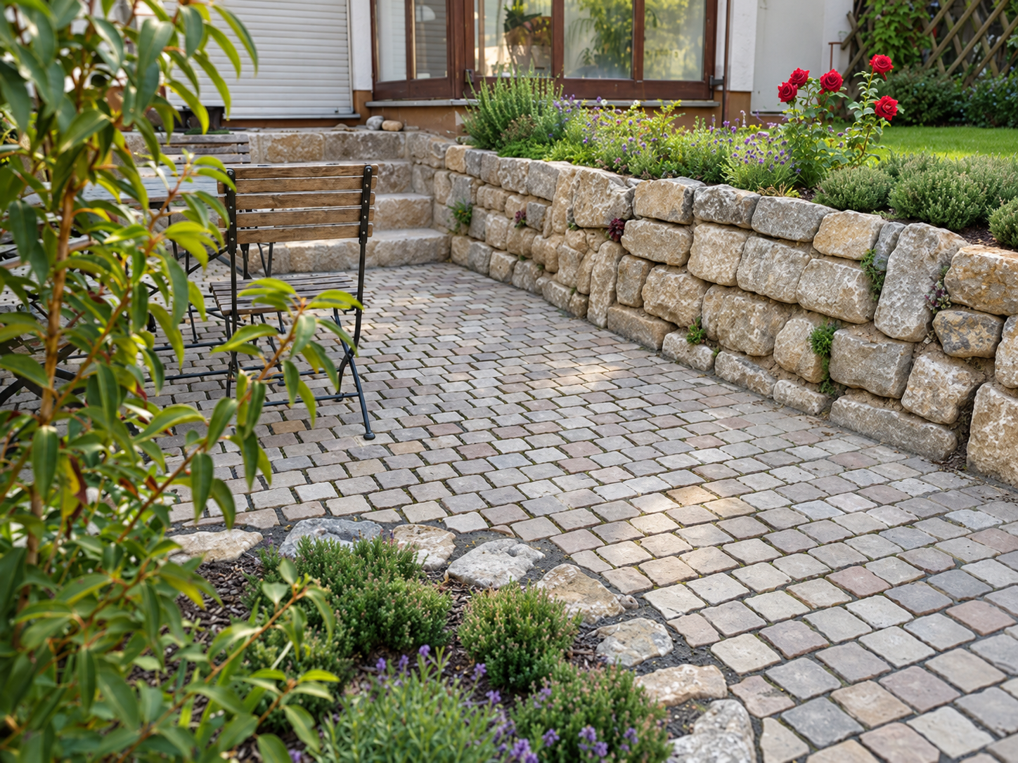 Pflasterterrasse mit Naturstein-Stützmauer, darüber ein bepflanztes Beet mit Lavendel und roten Rosen