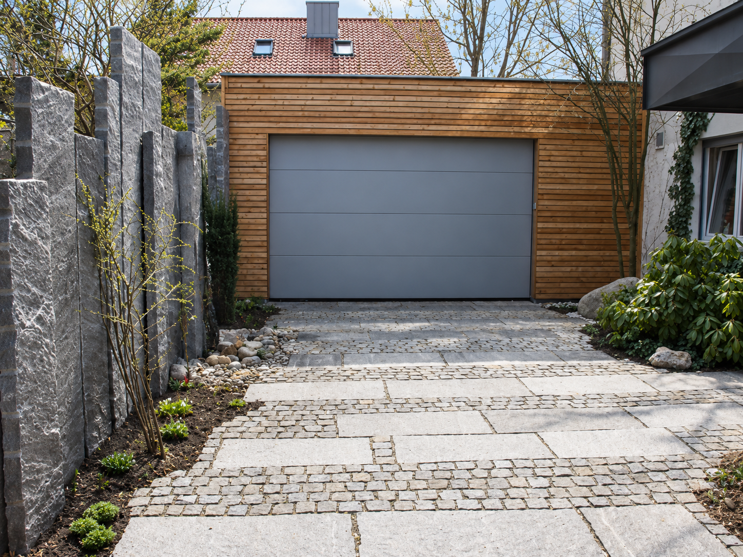 Zufahrt aus Naturstein und Granitplatten zu einer Garage mit Holzfassade, links eine Wand aus hohen Granitstelen