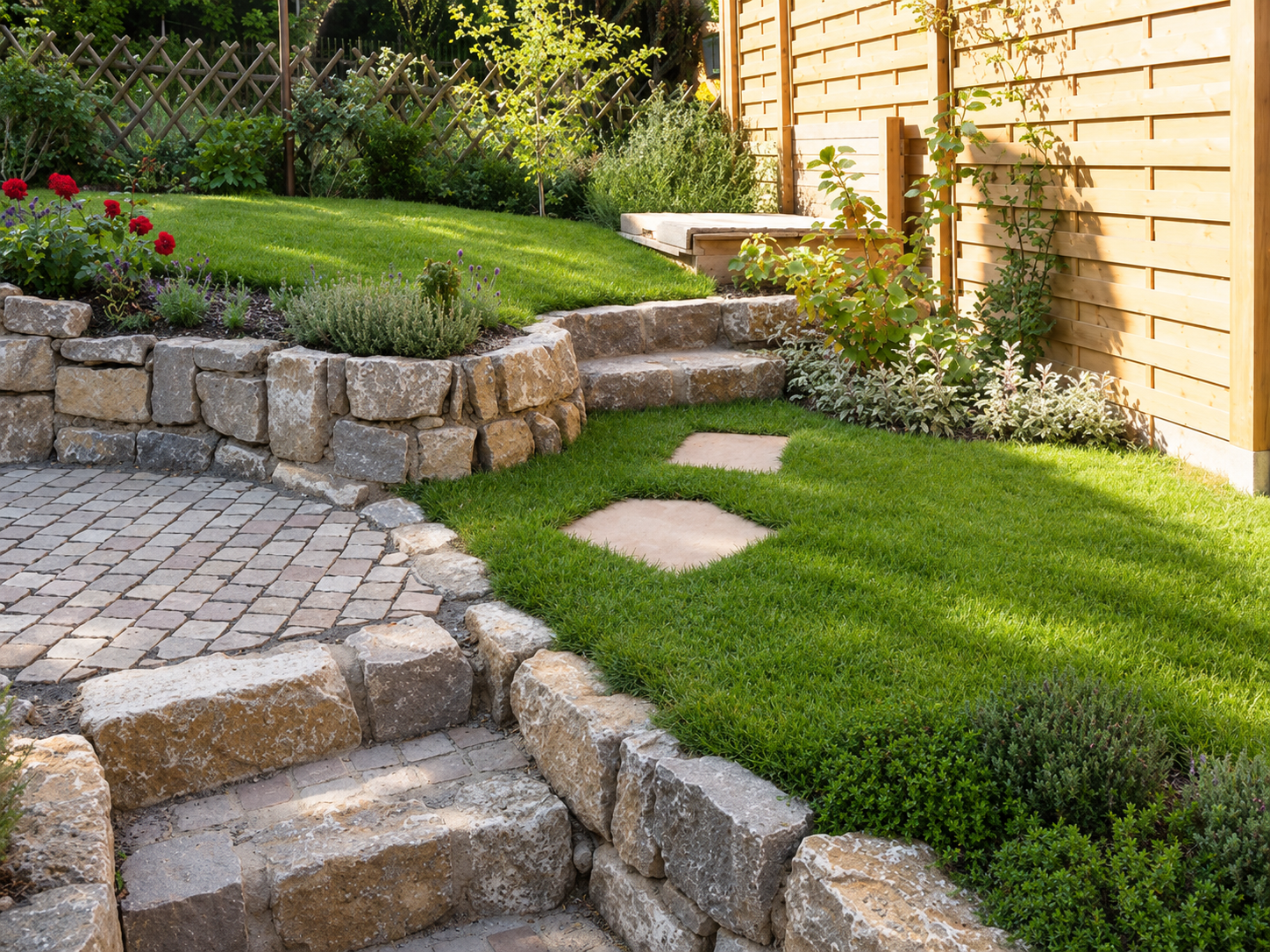 Gartenterrasse mit Natursteintreppe, Trockenmauer, Pflasterfläche, Rasen und Holzsichtschutz